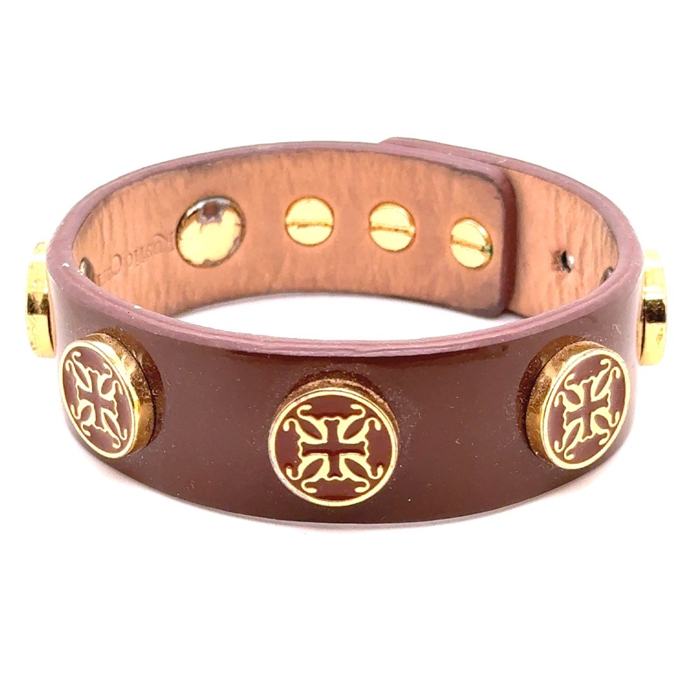 Rustic Cuff Brown Patent Leather Logo Medallion Stud Adjustable Bracelet
